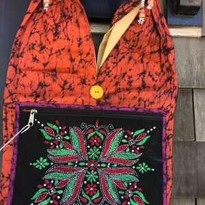 Orange and Black Embroidered Women's Bag